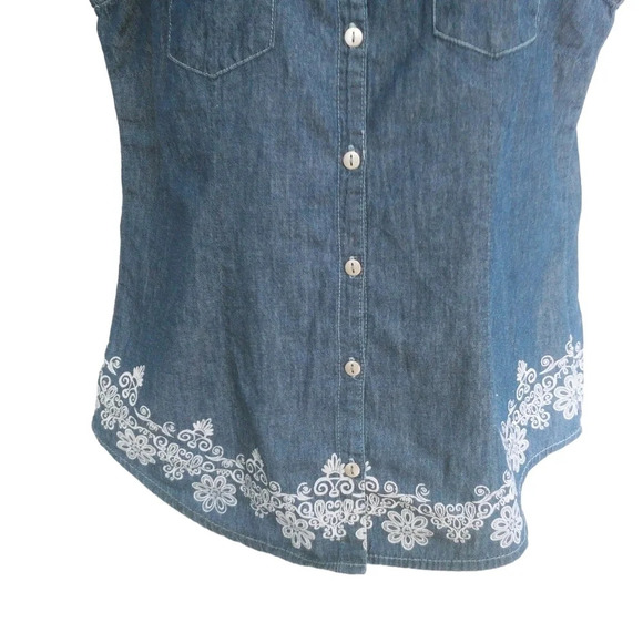 Marie Claire Denim Dark Wash Jean Blouse  Embroidery Fabric Treatment Designs M - Picture 3 of 8